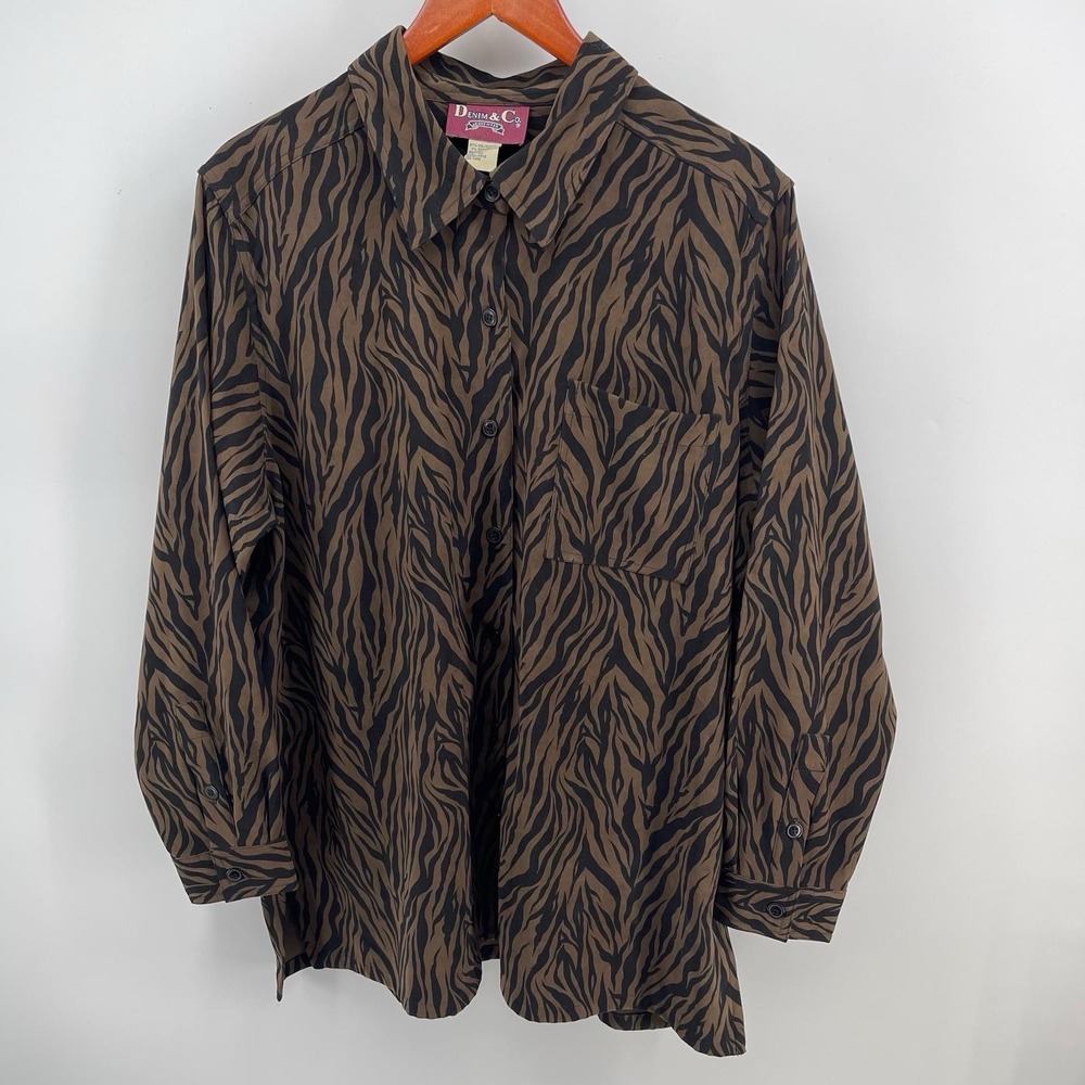 Vintage Denim & Co. Women's 1X Zebra Print Shirt Brown Black Made Hong Kong